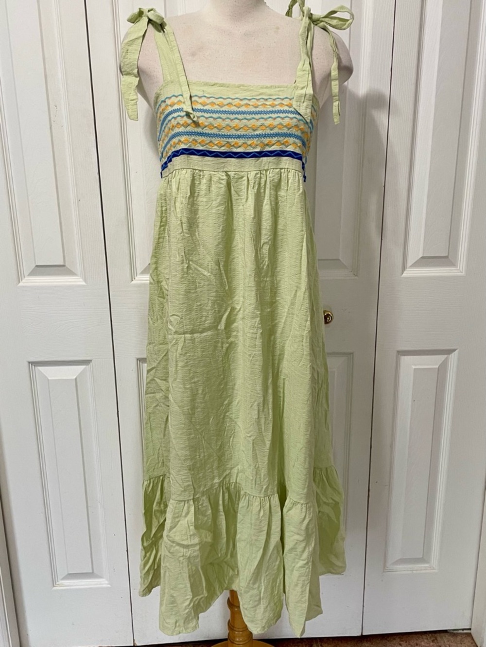 August Sky Light Mint Green Nap Dress with Embroidered Bodice tier skirt